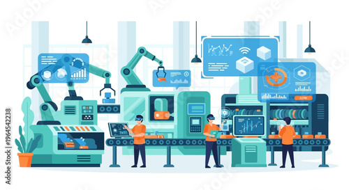 Advanced Smart Factory Automation: Workers with VR Headsets Oversee Robotic Manufacturing, Data Analytics, and IoT Integration in an Industry 4.0 Plant
