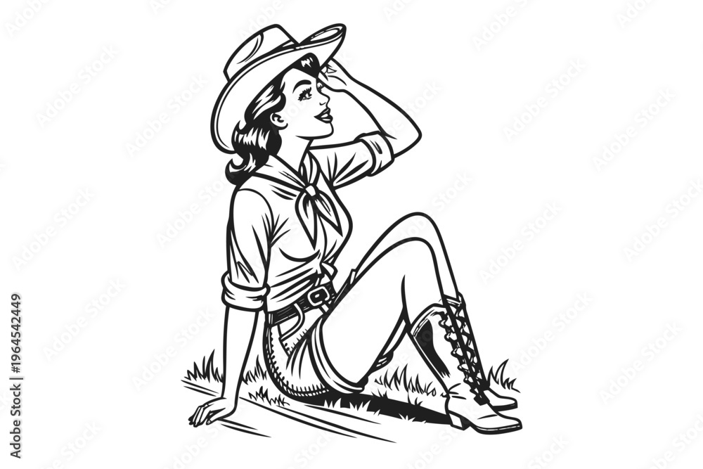 Obraz premium Vintage Pin Up Cowgirl. confident western cowgirl, tipping her hat with a smile sketch engraving fictional character illustration. Scratch board imitation. Black and White Engraving Style Western Illu
