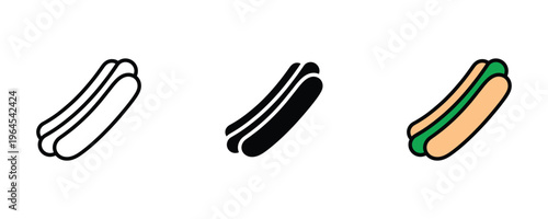 Delicious hot dog with mustard for fast food restaurant, street snack bar and American cuisine icon set. Sausage in bun takeout meal symbol. Vector Illustration.