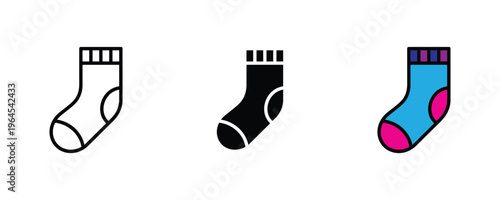Cotton winter sock for footwear fashion, warm clothing and laundry service icon set. Seasonal garment and hosiery symbol. Vector Illustration.