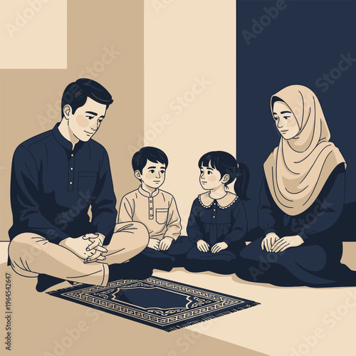 Muslim Family Praying Together on Prayer Mat.