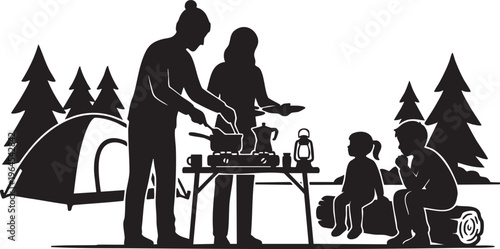 Silhouetted family enjoying a peaceful camping trip, cooking a meal together in the embrace of nature