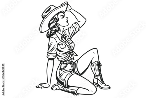 Vintage Pin Up Cowgirl.
confident western cowgirl, tipping her hat with a smile sketch engraving fictional character illustration. Scratch board imitation.
Black and White Engraving Style Western Illu