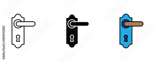 Classic metal door handle with keyhole for home security, interior design and architecture icon set. Door entrance and hardware locker symbol. Vector Illustration.