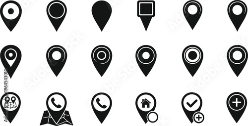 Set of map pin location icons featuring black silhouettes with phone home and checkmark symbols for navigation global positioning and contact address concepts