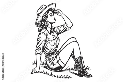 Vintage Pin Up Cowgirl.
confident western cowgirl, tipping her hat with a smile sketch engraving fictional character illustration. Scratch board imitation.
Black and White Engraving Style Western Illu