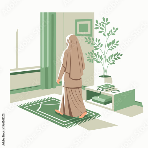 Muslim Woman Praying on Prayer Mat Indoors.