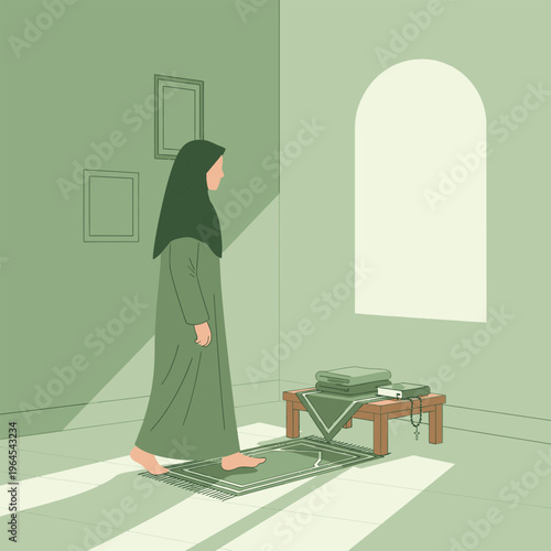 Muslim Woman Praying on Prayer Mat Indoors.