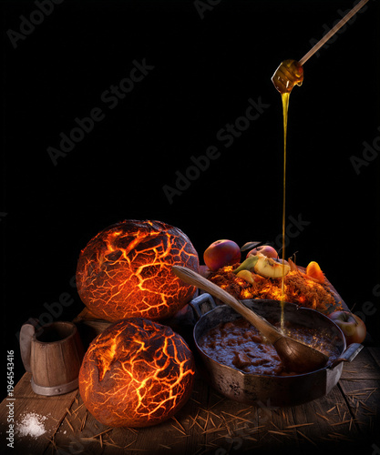 Dripping golden honey over a medieval fantasy feast with glowing enchanted bread