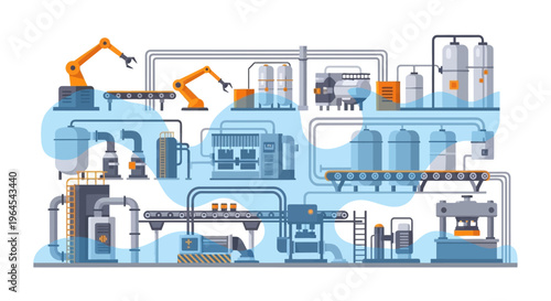 Modern Industrial Factory with Automated Production Line, Robotic Arms, Conveyor Belts, and Chemical Processing Tanks - Industry 4.0 Technology Vector