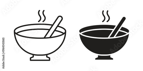 Bowl of soup icons line and solid version, outline and filled vector design set