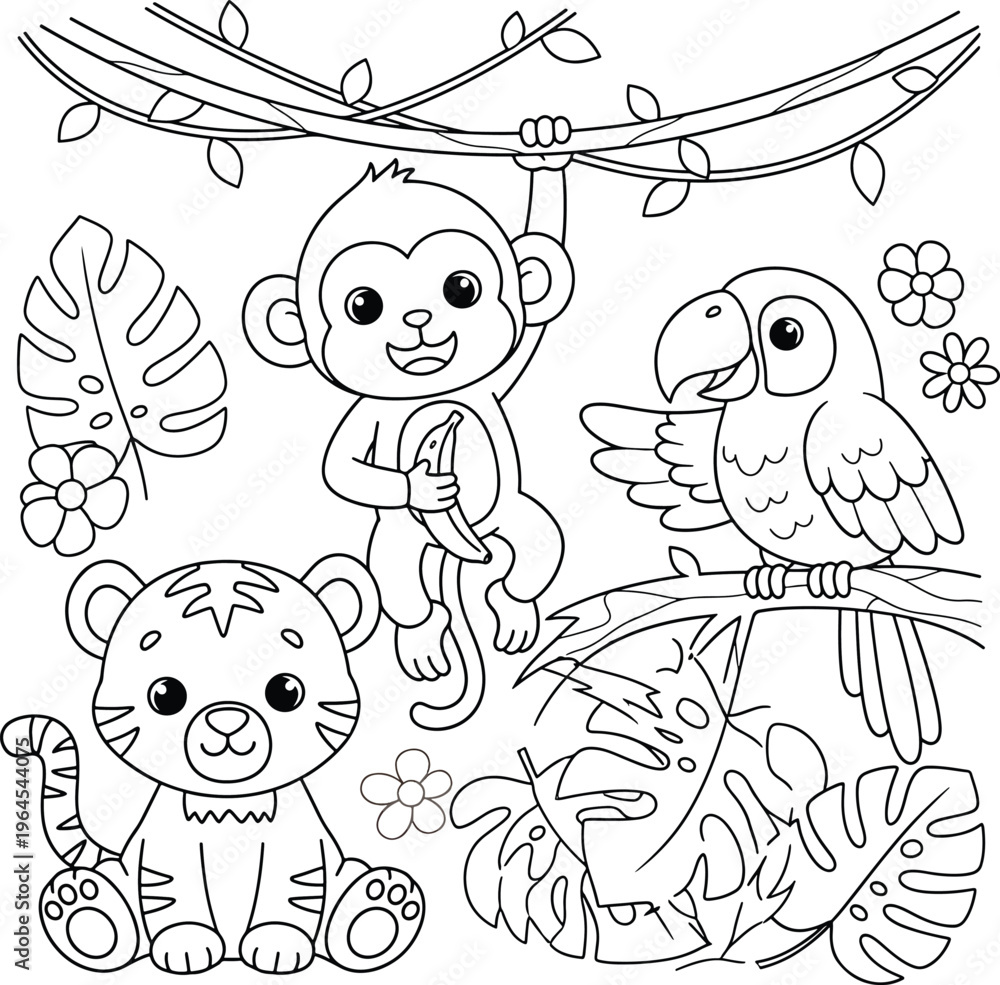 Fototapeta premium Cute jungle animals coloring page with monkey tiger and parrot cartoon illustration in simple outline style perfect for kids coloring book printable activity sheet and forest themed drawing page