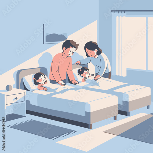 Parents tucking in children into beds at night.