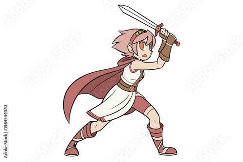 Cute original character design of fantasy female girl warrior, 
 Swordswoman magic fencer knight named Lenaria in Japanese manga. Vector illustration style with isolated white background