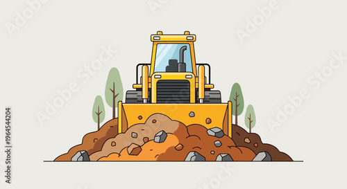 A front-facing yellow bulldozer pushes a pile of dirt, rocks, and small trees on a light background