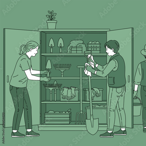 People organizing gardening tools in a storage cabinet.