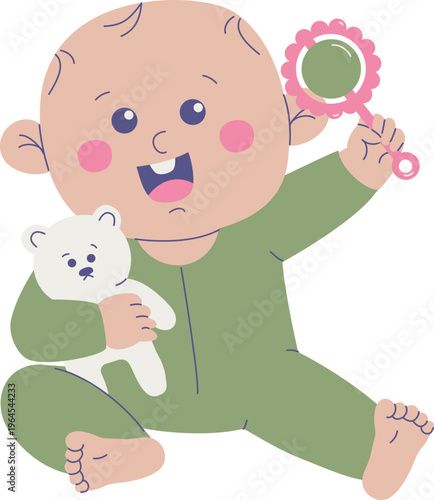 Happy baby playing with rattle toy, hand drawn flat vector