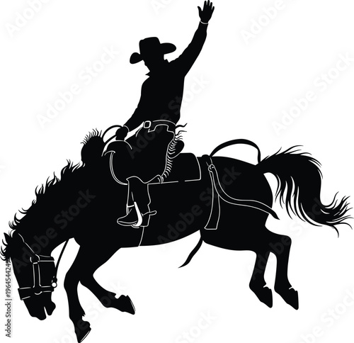 Cowboy riding bucking bronco horse silhouette, rodeo sports action, western lifestyle, equine animal, black cad drawing flat vector illustration, flavector