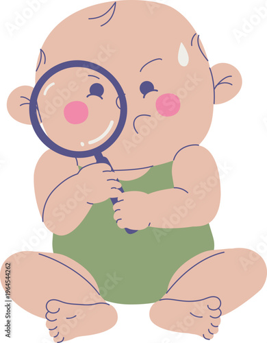 Curious baby holding magnifying glass, hand drawn flat vector