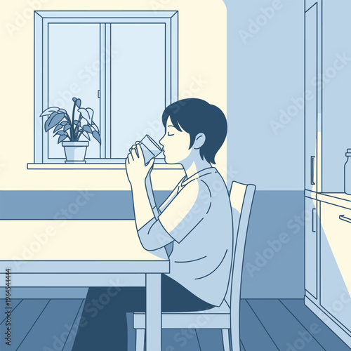 Person drinking from a cup at a table.