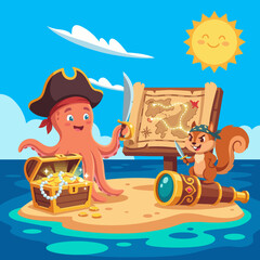 Wandcirkels Piraten Octopus en eekhoornpiraat met schat  © Haitao