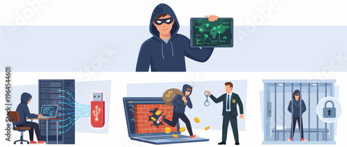 A cybercriminal is depicted using a computer in a dark setting, highlighting themes of hacking, technology, and the constant battle against cyber threats in today's digital age.