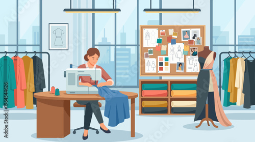 A professional illustration of a fashion designer sewing a dress in a bustling fashion boutique, showcasing creativity, artistry, and the world of design with vibrant fabrics and inspiration.