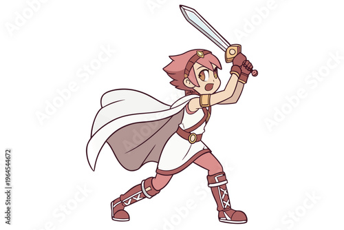 Cute original character design of fantasy female girl warrior, 
 Swordswoman magic fencer knight named Lenaria in Japanese manga. Vector illustration style with isolated white background