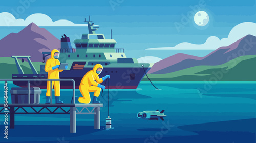 A vibrant scene depicting marine scientists in yellow suits conducting underwater research, showcasing technology, exploration, teamwork, and the mysteries of the ocean.
