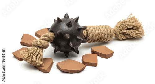 A spiked ball toy with a rope, surrounded by broken pieces of an earthy material