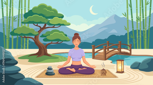 A serene illustration of a woman meditating in a peaceful natural setting, surrounded by a tranquil landscape, symbolizing relaxation and mindfulness.