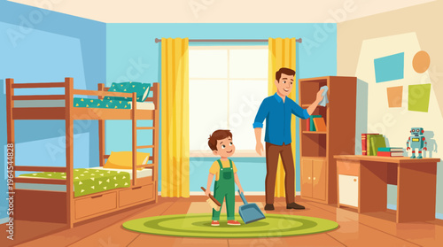 A father and son team joyfully clean and organize a bright and colorful bedroom, illustrating the importance of teamwork and family responsibility in creating a cozy environment.