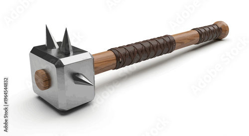 A stylized silver mace with a wooden handle wrapped in leather, and spikes on the head