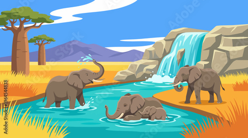 A family of playful elephants splash in a serene water oasis under a gentle waterfall, embodying joy and the beauty of nature in a vibrant savannah landscape.