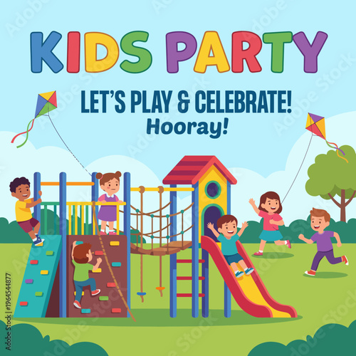 This vibrant image showcases a lively kids' party with children playing energetically on various playground equipment, embodying celebration, joy, and the essence of childhood fun.