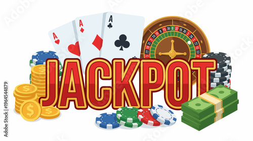 This vibrant image showcases a jackpot theme with playing cards, roulette, and chips, representing the excitement and thrill of winning at a casino. Perfect for gambling concepts.