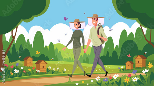 A cheerful couple strolls through a vibrant landscape, wearing beekeeping outfits and enjoying nature while surrounded by flowers and buzzing bees in a sunny environment.