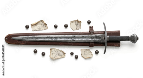 A long medieval sword with scabbard, pieces of stone, and small dark spheres on white