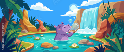 A cheerful hippo blows bubbles while relaxing in a lush pond near a magnificent waterfall, surrounded by vibrant tropical plants and serene lily pads for a captivating scene.