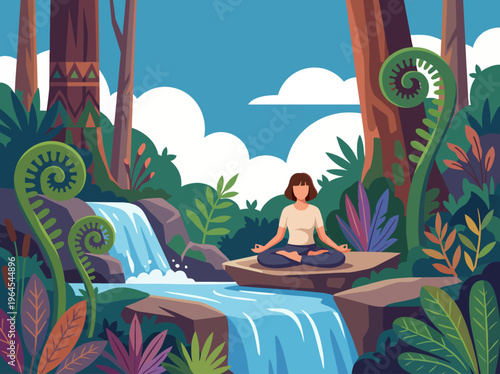 A person meditates peacefully on a rock by a waterfall surrounded by lush green nature, embodying tranquility and connection with the environment for mental wellness.