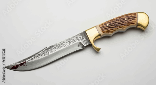 Hunting knife with a textured blade, bone handle and brass fittings, stained with blood