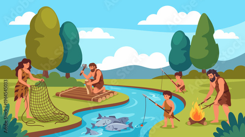 A depiction of early humans engaged in fishing, showcasing their lifestyle and unity in nature, with activities like fishing, crafting, and communal fire preparation in a serene environment.