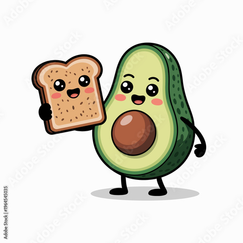 A cute cartoon avocado holds a slice of toast .Both the avocado and the toast have smiling faces, adding a playful charm.