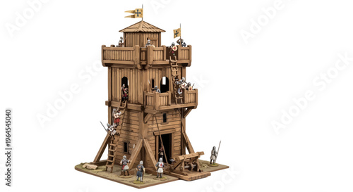 A medieval siege tower is depicted with soldiers scaling its sides and battling inside