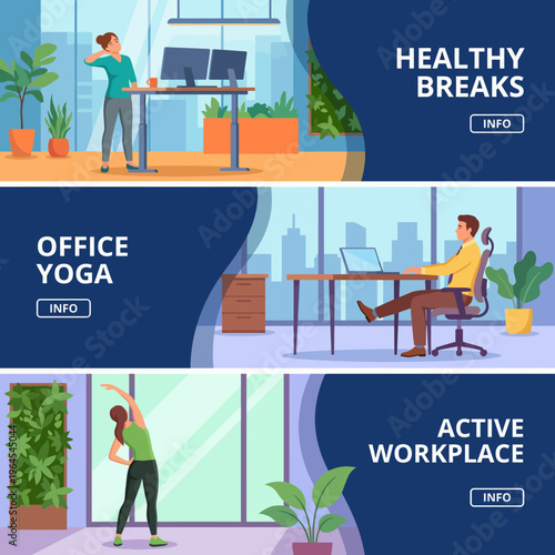 A vibrant office environment showcases employees engaging in healthy breaks, yoga, and movement, emphasizing wellness and productivity in the modern workplace.