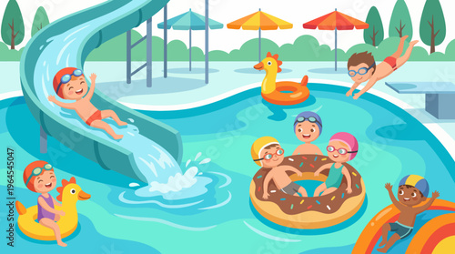A vibrant scene at a water park where children are enjoying slides, swimming, and floating on fun inflatables, capturing the joy of summer play and friendship in a colorful setting.