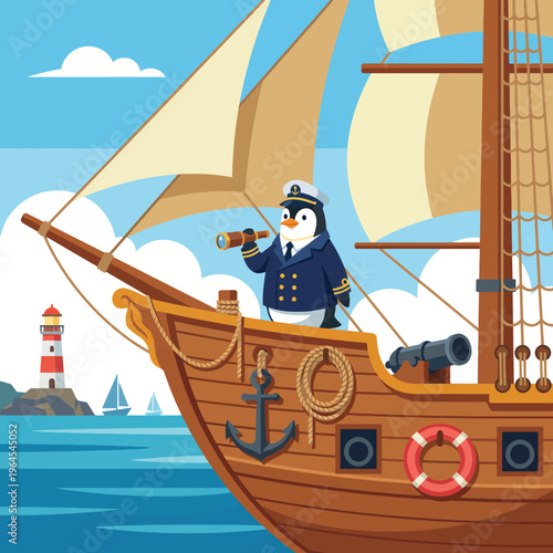 A cute penguin is depicted as a ship captain, standing proudly on a wooden ship, symbolizing exploration, adventure, and the spirit of nautical journeys.