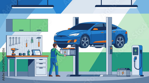 An auto mechanic repairing an electric vehicle, representing advancements in automotive technology and the growing importance of electric cars in the modern automotive industry.