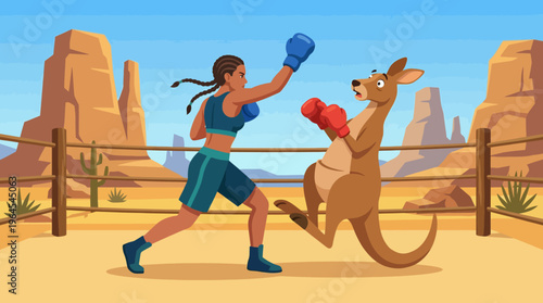 A unique scene depicting a boxing match between a boxer and a kangaroo, capturing humor and creativity, suitable for sports-themed content or playful artworks.