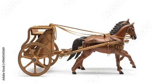 A detailed model of a chariot pulled by two horses, all in a sepia-tone, isolated on white